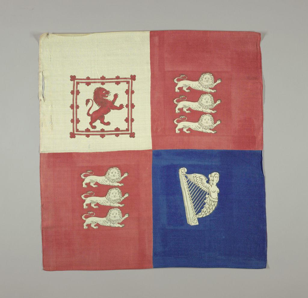 Handkerchief divided into four quarters: two red squares show three lions passant; one blue square with a harp; and one white with a lion rampant inside a red frame.