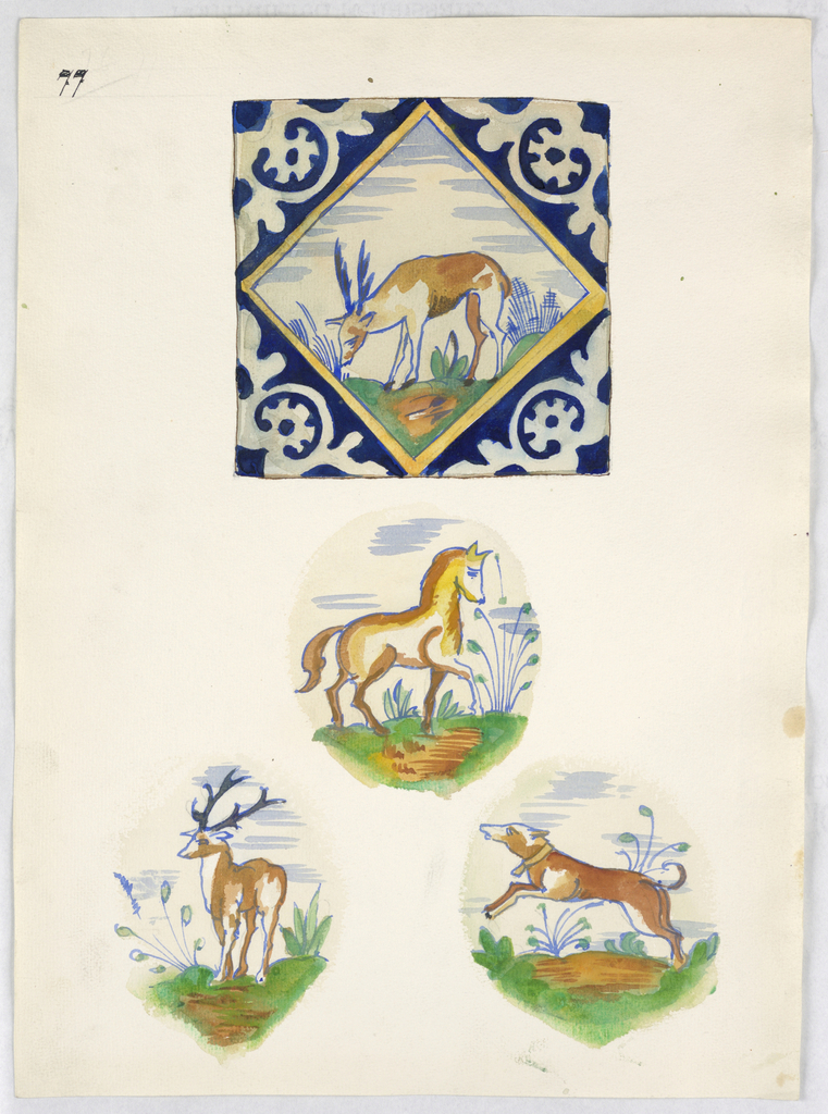 Vertical rectangle. One tile and the central motifs of three others, 17th century. Top: a tile with a grazing stag. Center: a horse shown in profile. Bottom: a standing stag, obliquely shown; a dog running toward left.