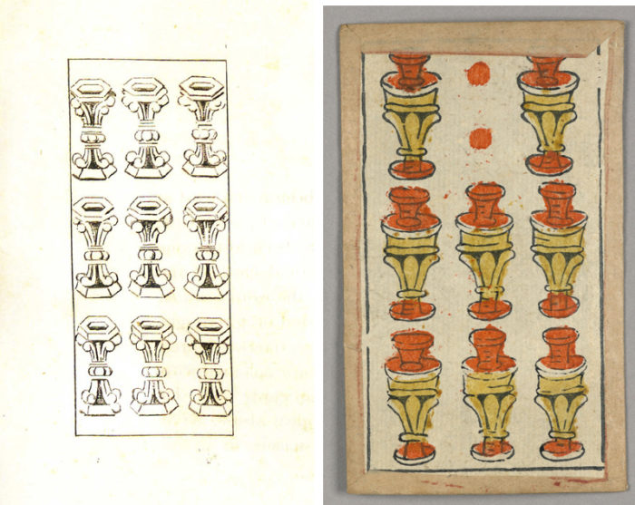 Illustration of playing card with chalice suit. Actaul trappola playing card with suit of chalices