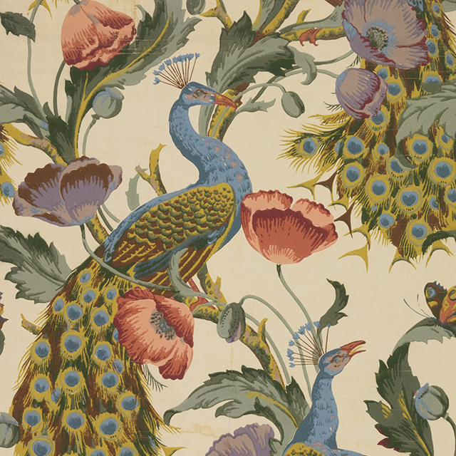 A painterly wallpaper depicting a regal peacock surrounded by flowers