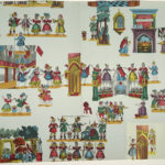 A vibrantly colored, collage-like amalgamation of ornate theatrical interiors and many people standing together or dancing dressed in exquisite, 18th-century finery.