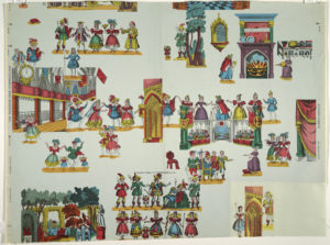 A vibrantly colored, collage-like amalgamation of ornate theatrical interiors and many people standing together or dancing dressed in exquisite, 18th-century finery.