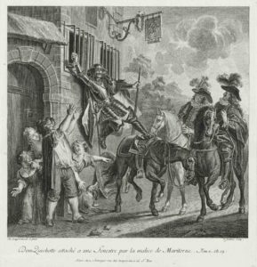 Shows Don Quixote hanging out of a window, his feet trying to nudge his horse