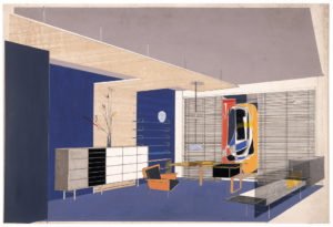 Interior with dropped wood ceiling. To the left is a long cabinet with a floral arrangement on top and shelves above. The rear center of the room is occupied by an office desk and armchair. On the right is a bench/cabinet combination piece of furniture. The back wall has Venetian blinds and a colorful tapestry (probably designed by Matégot, the location of which is unknown).