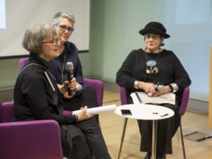 Image of Myra Mimlitsch-Gray and Helen Drutt educator, and curatorial consultant, discuss communicating ideas through jewelry, moderated by Kiff Slemmons (far left)