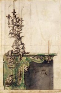 Drawing of a fireplace to be made with green marble, topped by an elaborate candelabra with putti