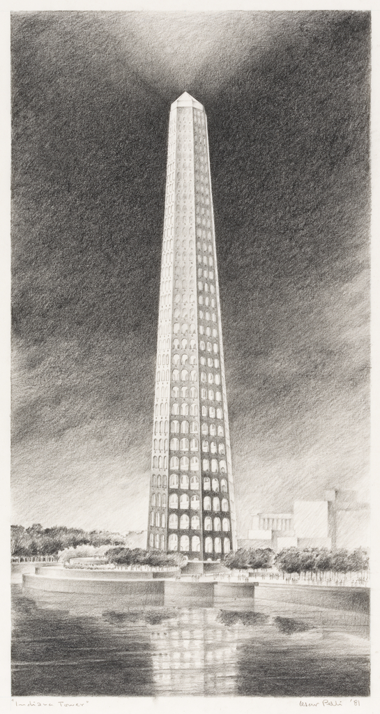 Image features a drawing of a tall, obelisk-shaped tower with many floors of arched windows illuminating the structure. In front of the building, is a curved plaza lined with trees and dotted with small figures and a pool of water in the foreground. There are additional buildings and trees in the background. Please scroll down to read the blog post about this object.
