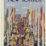 Cover of The New Yorker featuring a drawing of a crowded trolley passing down a people-filled street lined with giant flags. Title text at the top of the image reads [The New Yorker] with smaller text on either side reading [Sept 2. 1939.] and [Price 15 cents].