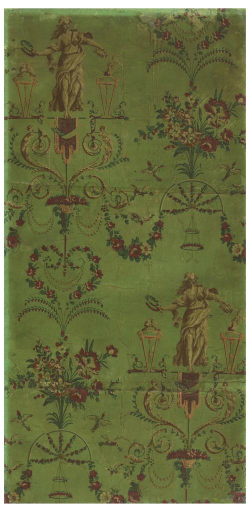 Arabesque paper with Priestess of Venus pouring libations, under bower supported by doves and suspended crossed arrows. The figure stands on a lambrequin, with floral scrolls, floral swags and bead swags, and floral bouquets. Printed in multicolor on green ground.