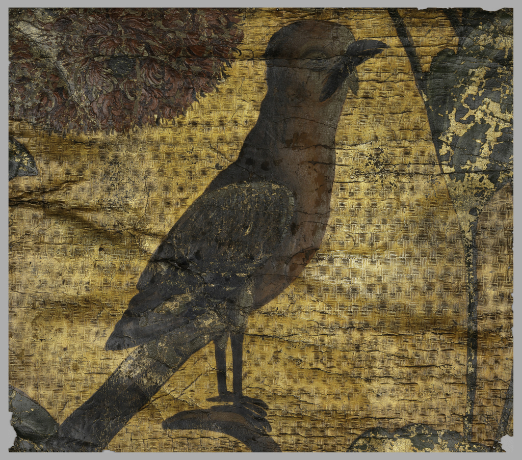 Perched bird on a gold background; bunch of pink and green foliage in upper left corner.