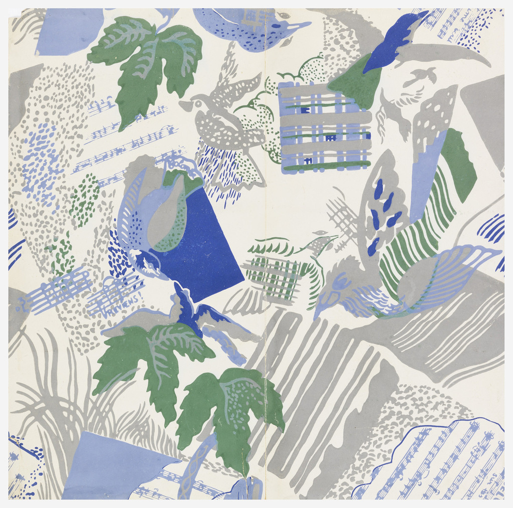 Stylized birds, leaves, bars of musical notes and squares of plaid, all juxtaposed and overlapping. Printed in two shades of blue, gray and green on an off-white ground.