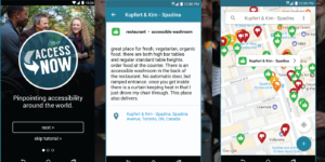 Three screenshots from the Access Now phone app. Left image shows the app log-in screen. The center image shows a location description. The right image shows a map with pins.
