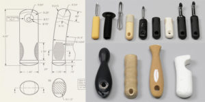 Three images of OXO handle sketches and prototypes. Left image sketch of multiple full views of a handle. The handle is seen from both sides in elevation with a cross-section through at right. Below are two views of the same handle seen in cross-section through the handle's shaft. Right images are of handle prototypes made from different materials in a range of rectangular and cylindrical shapes.