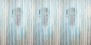 Photograph of man standing behind hanging panels of blue, green, and white string. Image is repeated three times.