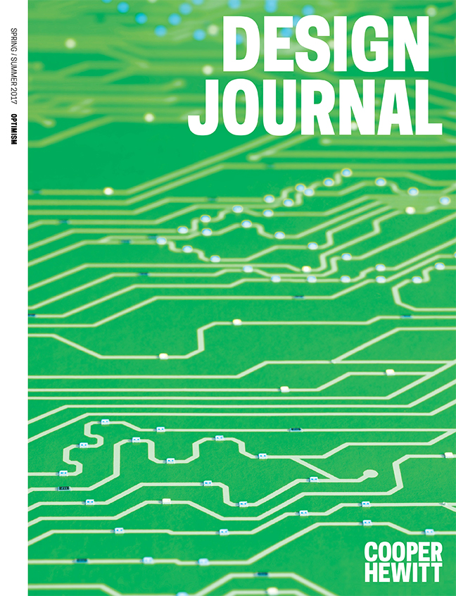 Cover of "Design Journal" magazine featuring white text overlaying a green wallpaper inset with white lines.