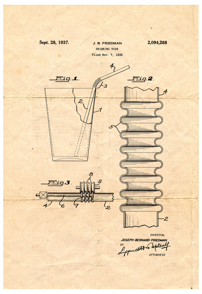 Drawing by Joseph Friedman of a design for a bendable straw for his patent application ca. 1930s.
