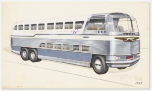 On cream ground, design for a six-wheeled double-decker Greyhound bus in three-quarter profile view. At the front of the automotive, a large windshield, the word "CHICAGO" in silver text on a black plaque immediately below. Centered below the destination is the Greyhound logo, an elongated running white hound on copper ground. Below the logo, a large streamlined chrome grille, which wraps around the sides of the bus, accentuating the windows of the seats on the lower level. A red license plate at front reads "1946-X BUS" with small round white and yellow headlights on either side. The destination city of Chicago appears again on the side of the vehicle, with the Greyhound logo behind, in this instance with the dog on a diagonal ground of red, white, and blue stripes. Views through the windows show at least ten rows of four plushly upholstered seats on the upper level, and approximately five rows on the lower level, allowing for mechanical and luggage storage in the lower rear of the vehicle. The frontmost wheel has a shiny chrome hubcap covering the wheel disc, while the rear wheels have an exposed rim and disc. The bus casts a pale shadow on the ground, which is indicated by two parallel diagonal lines.