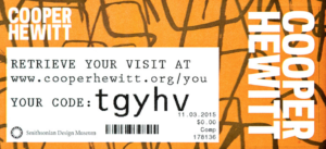 This is an image of an admissions ticket printed with the code needed to access information saved with the Cooper Hewitt Pen.