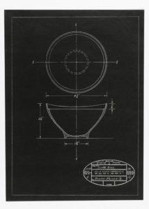 One of four designs for tableware, intended to be executed in plastic. Sugar Bowl. On black paper, outline of sugar bowl design: elevation and top view, with annotations of dimensions. In oval stamp, some printed and some handwritten text: date 4/15/58; scale ACTUAL; dwg. title SUGAR BOWL; job no. 1354; dwg. no. 5; for BOONTON MOLDING Co.; revised; drawn by DFL; aprvd. by BK; at center printed: BELLE KOGAN ASSOCIATES / 145 East 35th St. New York, N. Y.