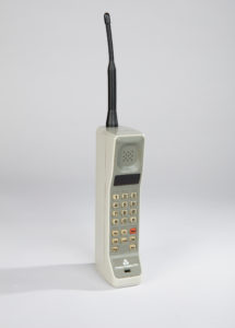 DYNATAC 8000X MOBILE TELEPHONE; 1983; Designed by Martin Cooper (American, b. 1928), Rudy Krolopp (American, b. 1930) and Donald Linder (American, b. ca. 1943); Manufactured by Motorola Inc. (Libertyville, Illinois, USA); Molded plastic, electronic components; 19.5 × 7.5 × 4 cm (7 11/16 × 2 15/16 × 1 9/16 in.); Gift of Robert M. Greenberg, 2017-51-25
