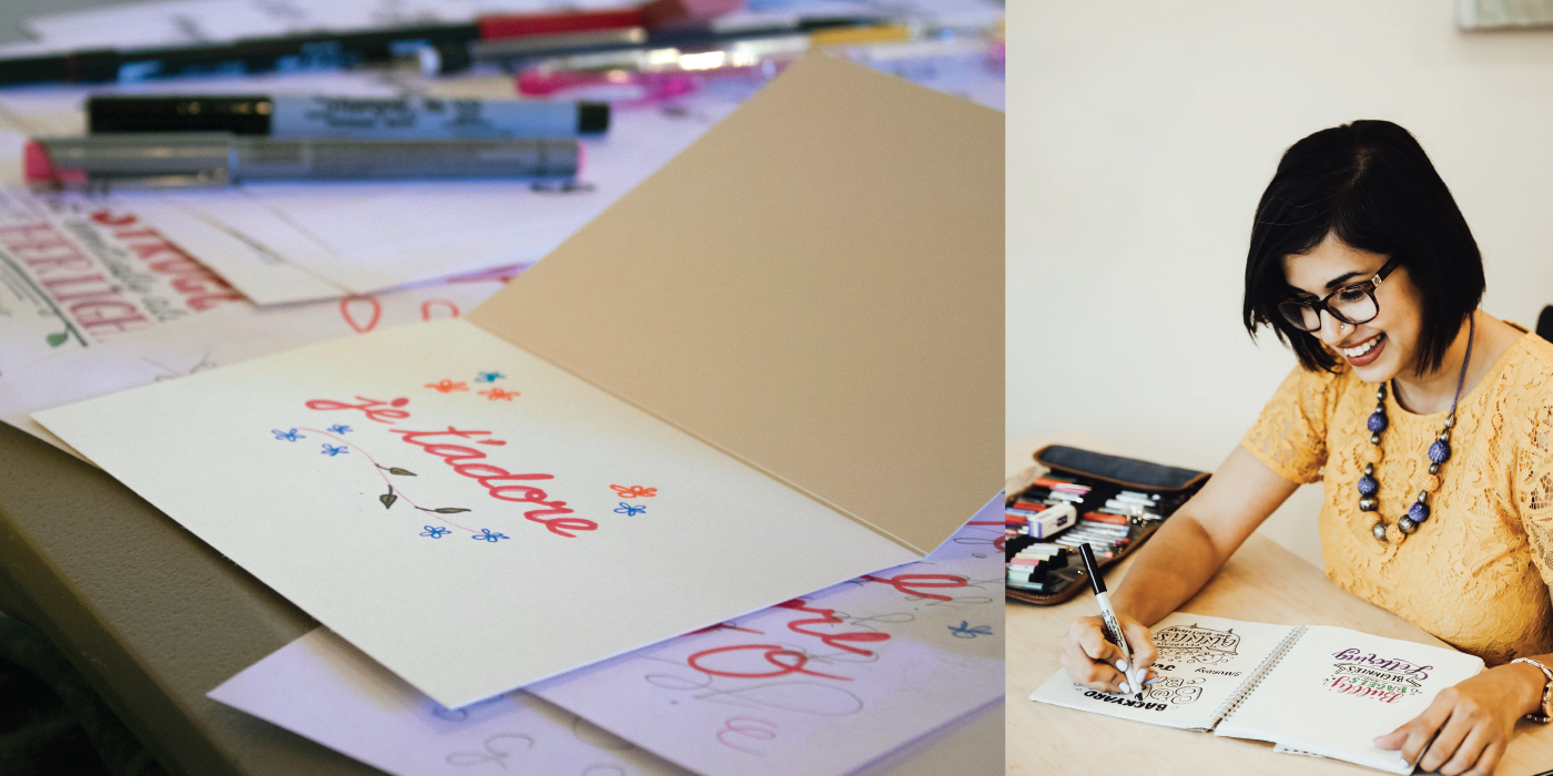 White card on table with hand lettered text. Right image features a woman seated at a table illustrating.