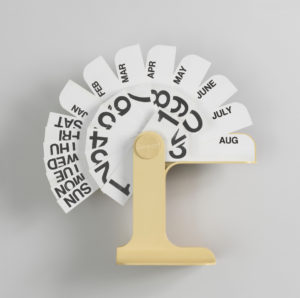 Timor Perpetual Calendar, 1967; Designed by Enzo Mari (Italian, b. 1932); Manufactured by Danese Milano (Milan, Italy); Molded ABS plastic, lithographed PVC plastic; 15 x 17 x 9.4 cm (5 7/8 x 6 11/16 x 3 11/16 in.); Gift of Max and Barbara Pine, 1994-59-2