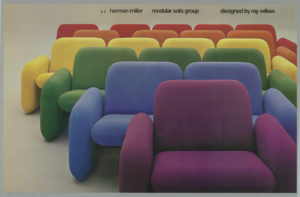 Poster advertising Herman Miller modular sofas of many different colors. The poster will be on view in the upcoming exhibition described below.
