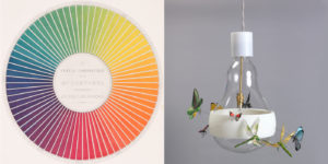 Two objects from the exhibition Saturated: The Allure and Science of Color (May 11, 2018 to January 19, 2019. On the left, an illustration of a color wheel from the cover of Des couleurs et de leurs applications aux arts industriels à l’aide des cercles chromatiques (Colors and their applications to the industrial arts using chromatic circles) by Michel Eugène Chevreul, Paris: J.B. Ballière et fils, 1864. On the right, a mouth-blown glass hanging lamp embellished with butterflies designed by Ingo Maurer and Axel Schmid; Germany; mouth-blown glass, 3d-printed (flexible free-formed) plastic, machined brass, halogen light source . Scroll down to learn more about the exhibition.