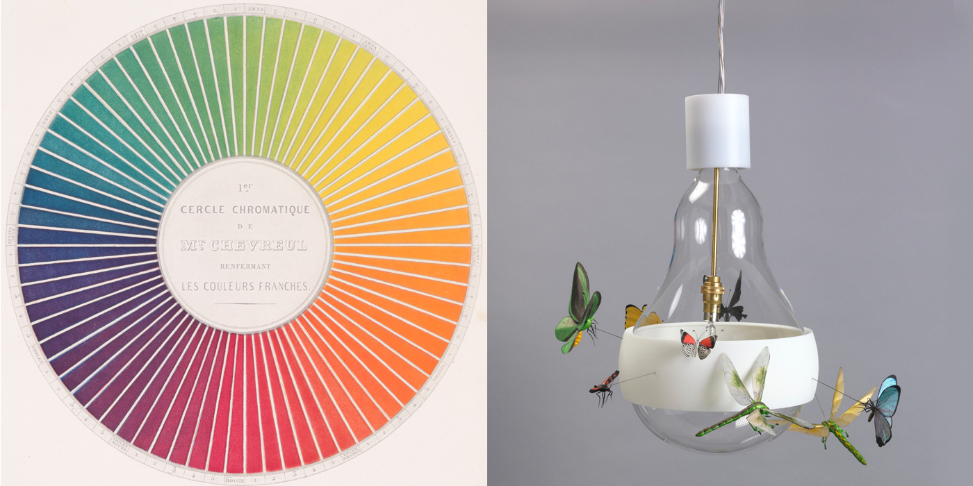 Two objects from the exhibition Saturated: The Allure and Science of Color (May 11, 2018 to January 19, 2019. On the left, an illustration of a color wheel from the cover of Des couleurs et de leurs applications aux arts industriels à l’aide des cercles chromatiques (Colors and their applications to the industrial arts using chromatic circles) by Michel Eugène Chevreul, Paris: J.B. Ballière et fils, 1864. On the right, a mouth-blown glass hanging lamp embellished with butterflies designed by Ingo Maurer and Axel Schmid; Germany; mouth-blown glass, 3d-printed (flexible free-formed) plastic, machined brass, halogen light source . Scroll down to learn more about the exhibition.