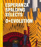 Vertical rectangle. Cover of a brochure. Title read "Esperanza Spalding Selects D+Evolution" is white letters. A yellow bar are the left side contains white text that reads "Works from the Permanent Collection" and "June 9, 2017–January 7, 2018". The background image is a collage of two images; one is of a red fan against an orange background with radiating black lines; the other is abstract tones of gray and beige.