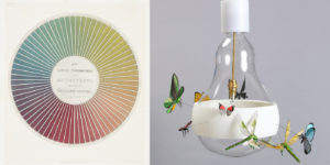 Two photographs of objects that will be on view during the exhibition Saturated: The Allure and Science of Color. On the left, the cover of a treatise on color written by Michel Eugène Chevreul in 1888 illustrated with a vibrant color wheel illustrating the full spectrum of color. On the right, a clear glass hanging lamp with a white plastic belt decorated with highly realistic and color butterflies, moths, and dragon flies. Designed by Ingo Maurer and Axel Schmid in 2011. Scroll down for more information about the exhibition.
