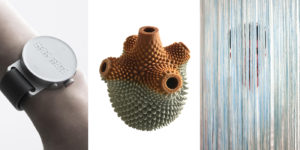 Left to right, a prototype of the Dot Watch with touch sensors; Furry Curry vase, 3d printed of cement and curry; Curtain made from Bolon fibers by Studio Joseph for installation in upcoming exhibition The Senses: Design Beyond Vision. Scroll down for more information about the exhibition.