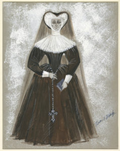 Image features a central woman in brown-ish black and white clerical habit holding a book in her left hand and a cross on a chain in her right. Her headpiece is heart-shaped around her face, connected to an elaborate, rough-like neckpiece that extends over her shoulders. The dress has puffy sleeves with a full, floor-length skirt. Feathery patches of white paint fill the background around the figure. Please scroll down to read the blog post about this object.