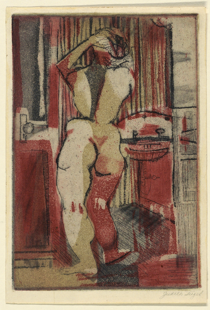 Image of an interior, with a full-length figure of a nude woman in the foreground, seen from the back. Figure's arms are raised. Please scroll down to read the blog post about this object.