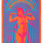 A psychedelic poster designed by Victor Moscoso for The Steve Miller Band in 1967 depicts a woman painted in day-glo orange surrounded by lines of blue and red rippling outward from her body.