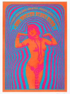 A psychedelic poster designed by Victor Moscoso for The Steve Miller Band in 1967 depicts a woman painted in day-glo orange surrounded by lines of blue and red rippling outward from her body.