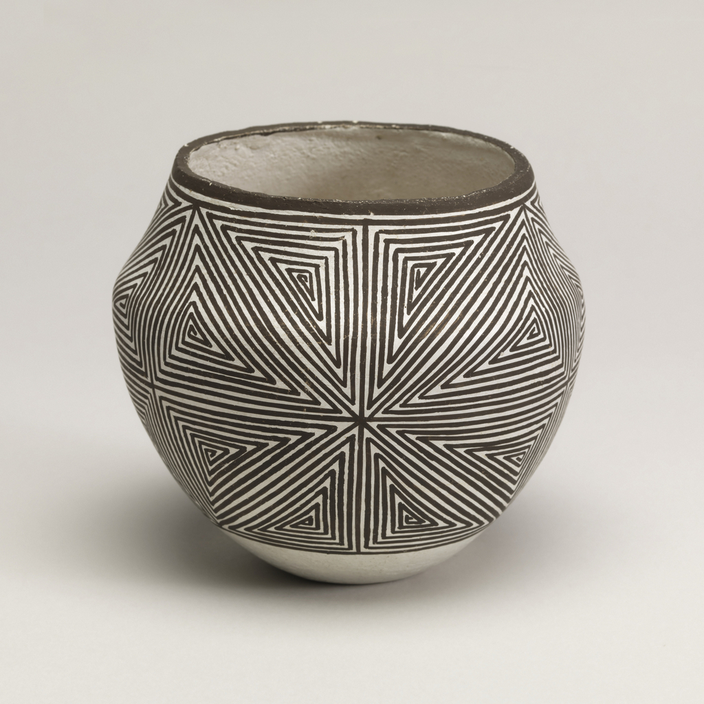 The globular body of the pot rests upon a flat base. The swelling sides have a slightly angled shoulder; the body tapers toward a circular mouth. The exterior is painted in a traditional geometric line pattern of a repeating series of interlocking continuous lines arranged in contiguous triangles.