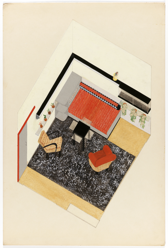 This image features an Axonometric view of living room/bedroom with studio bed and built-in cabinet in upper corner; a square table with retractable shelves and two arm chairs on either side of table; horizontal strip lighting hangs high on wall above cabinet and bed; and glass shelves for plants hang right of the bed; black and white rectangular carpet/linoleum beneath table and chairs. Please scroll down to read the blog post about this object.