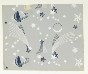 Image is a wallpaper with a non-directional pattern of stars, shooting stars, crescent moons and the planet Saturn, printed in navy blue and white on a light blue ground. Please scroll down to read the blog post about this object.