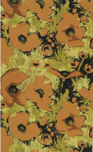Image shows large and small-scale poppies in bright orange against a field of ocher and tan grass with sporadic black patches. Please scroll down for a further description of this image.