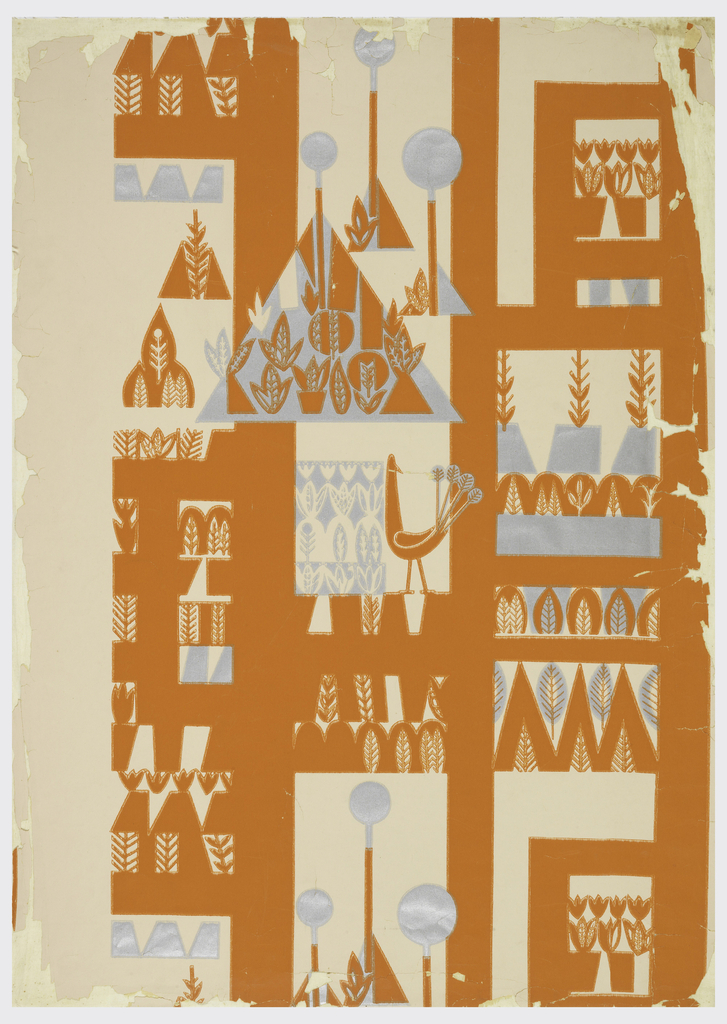 Image features abstracted landscape views with birds, trees, and flowers, printed in orange and light blue on a white background. Please scroll down to read the blog post about this object.