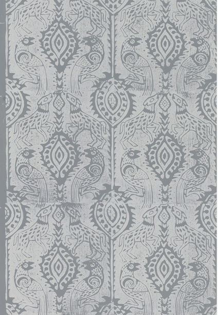 Image shows a block-printed wallpaper with a medallion stripe pattern printed in a monochrome blue-gray colorway, with each medallion surrounded by two dogs and two birds. Please scroll down to read the blog post for this object.