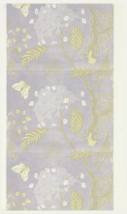 Image contains a repeat of wallpaper with large flowering tree with stylized birds, butterflies and cobwebs. Please scroll down for a more complete description of this image.