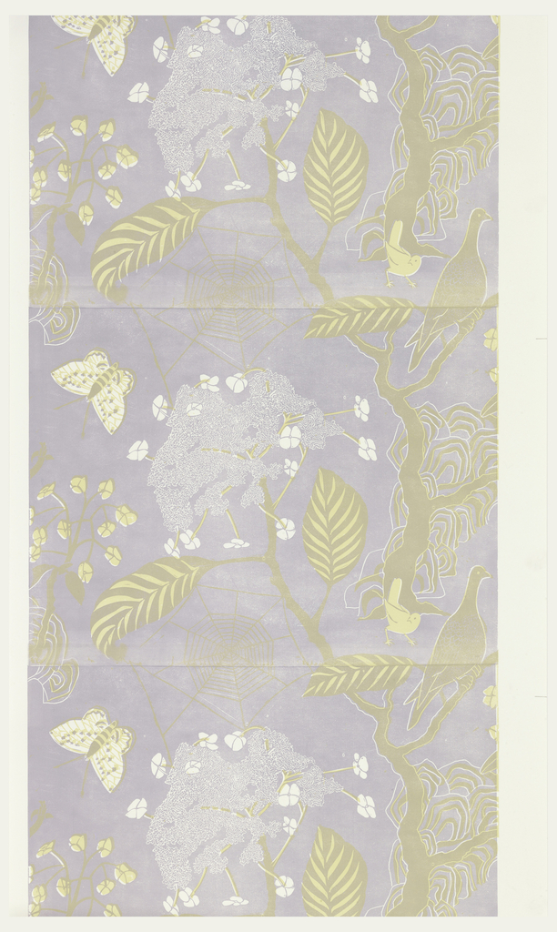 Image contains a repeat of wallpaper with large flowering tree with stylized birds, butterflies and cobwebs. Please scroll down for a more complete description of this image.