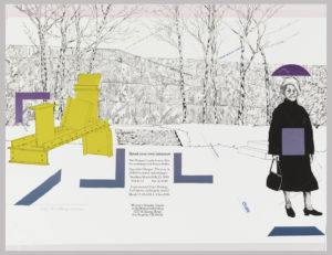 Poster depicts exterior (possibly a walled garden) with trees; "Midday," a yellow painted steel sculpture by Anthony Caro from 1960 on the left; on the right, a woman dressed in black holding a bag, she has a purple square on her body and a semi-circle covers her head (like an umbrella). Text in black, at center: Speak your own language / The Womens Graphic Center offers / two workshops with Frances Butler. / Sequential Design: The story in / folded turned or spaced pages. / Sundays, March 16 & 23, 1980 / 9-12 & 1-3 Fee: $30.00 / Experimental Color Printing. / Letterpress, collotype & stencil. / March 17-21, 9-12, 1-3. Fee: $60. / Women’s Graphic Center / at the Woman’s Building / 1727 N. Spring Street / Los Angeles, / CA 90012.