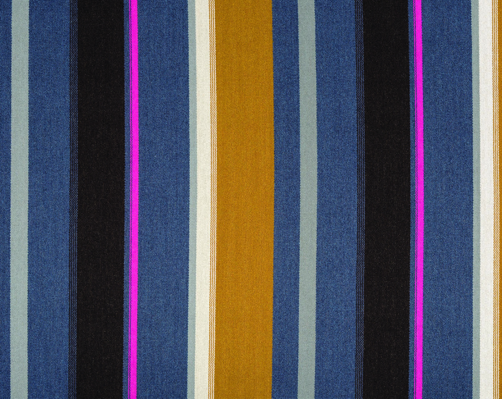 Upholstery fabric with irregular vertical stripes in saturated colors of blue-gray, black, gray, dark yellow, white, and bright pink. Please scroll down to read the blog post about this object.