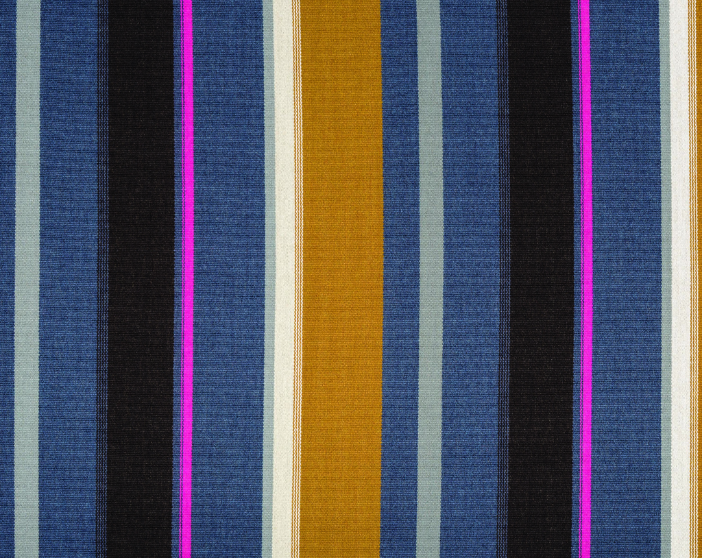 Upholstery fabric with irregular vertical stripes in saturated colors of blue-gray, black, gray, dark yellow, white, and bright pink. Please scroll down to read the blog post about this object.