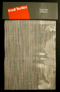 Image features the Knoll Wall Collection sample book with the Niji wallcovering designed by Jhane Barnes showing through the clear plastic cover. This woven textile contains a great variety of muted colors woven together. Please scroll down to read the blog post about this object.