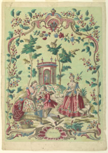 Image features three figures in 18th century dress situated in a pastoral setting. Please scroll down to read the blog post about this object.