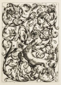 Vertical rectangle completely filled with swirling arabesques and acanthus leaves. Tangled at center is a nude.